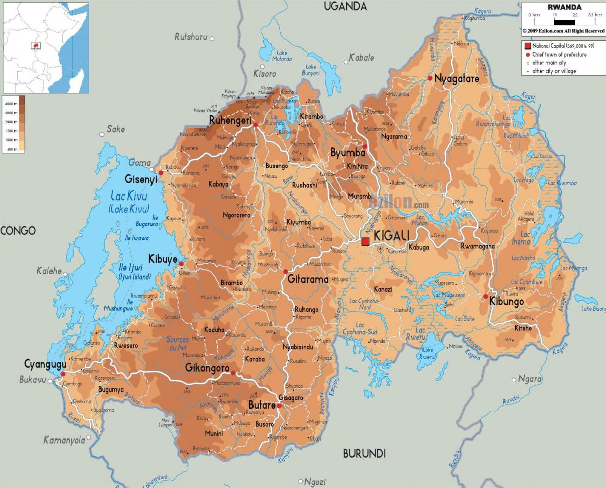 mapa de mapa físico de Ruanda