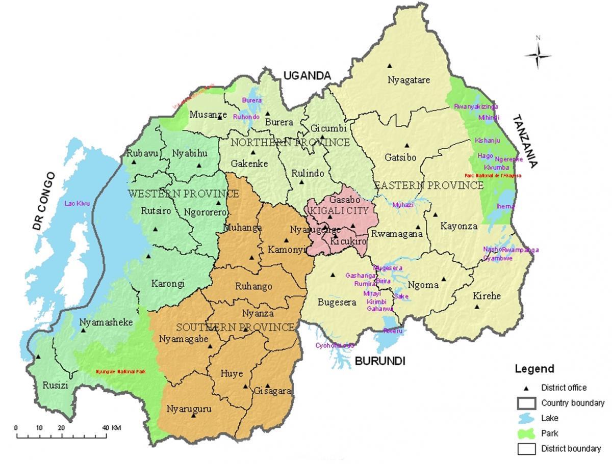 mapa de Ruanda con los distritos y sectores